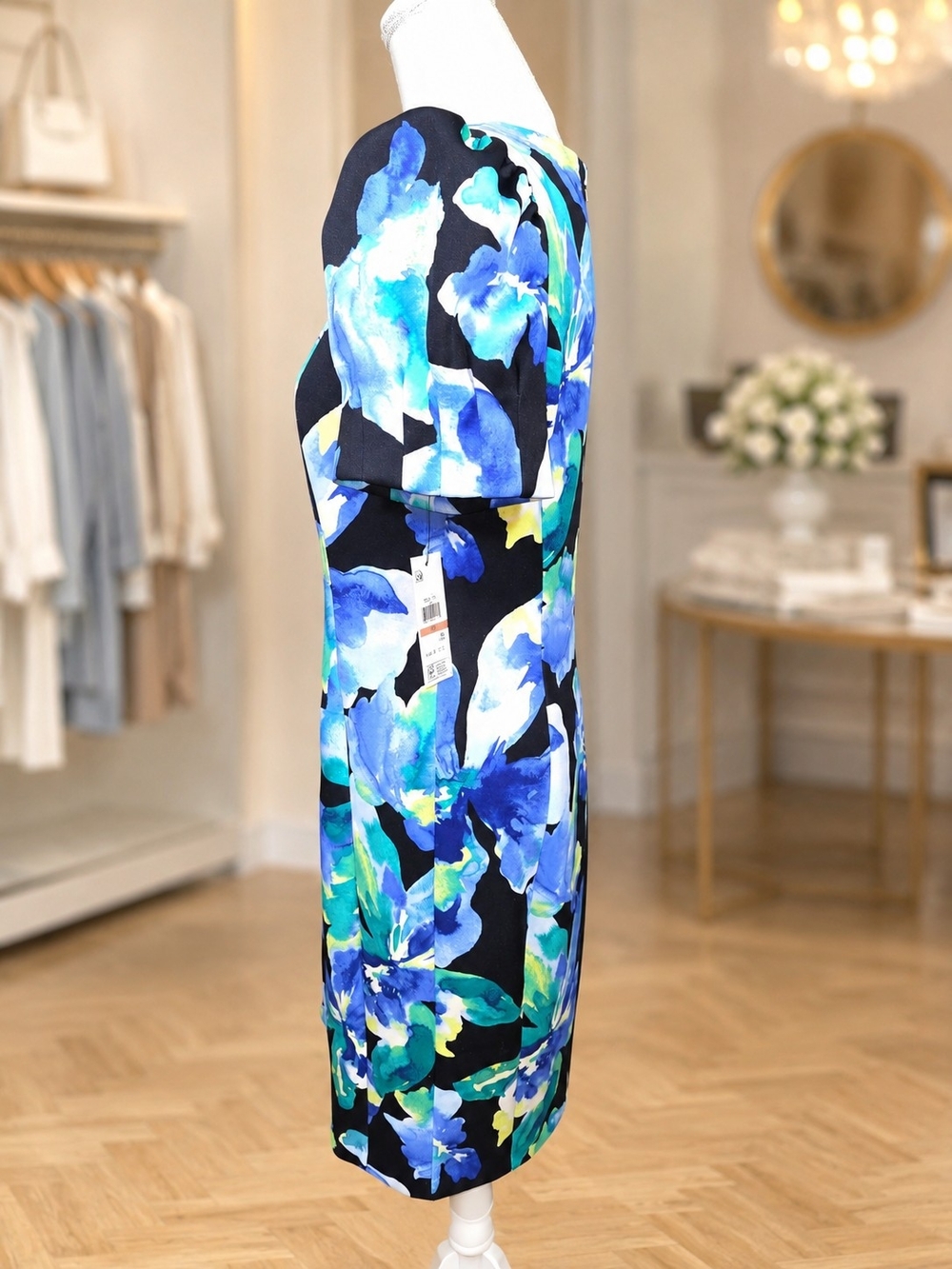 NWT DKNY Blue Floral Puff Sleeve Sheath Dress Size 12 - Picture 4 of 8